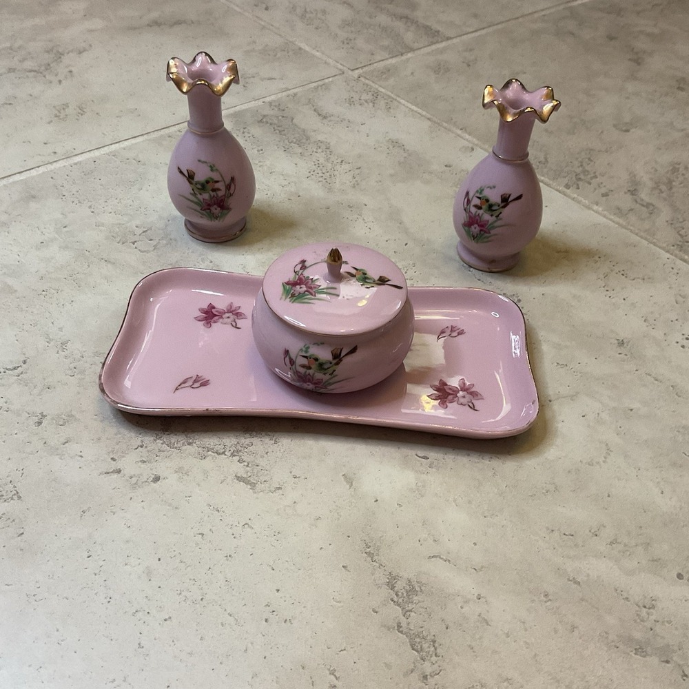 Vintage 4 Pc Carlton Ware dressing Table Set, Pink Porcelain Gold Rims